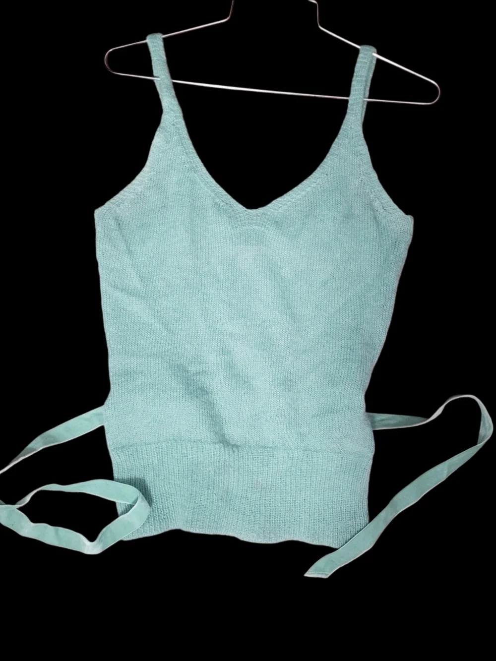 Y2K Banana Republic Aqua Mohair V-Neck Fitted Tank w/ Velvet Waist Tie
